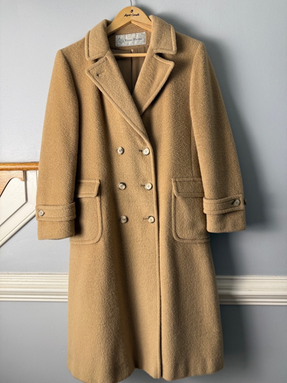 Stunning Vintage Union Made Evan Picccone Camel Double-Breasted Wool Pea Coat